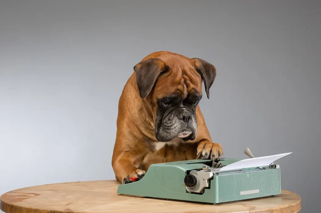 A brown dog sits at a wooden table, pressing its paw on the keys of a green typewriter with a sheet of paper inside, as if ready to submit stories against a plain grey background.