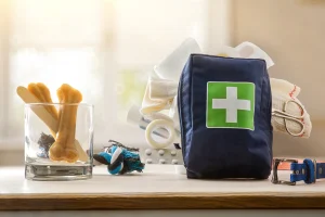 A dog first-aid kit sits on a table next to a glass of dog treats, a toy, a collar, and medical supplies like bandages and scissors.